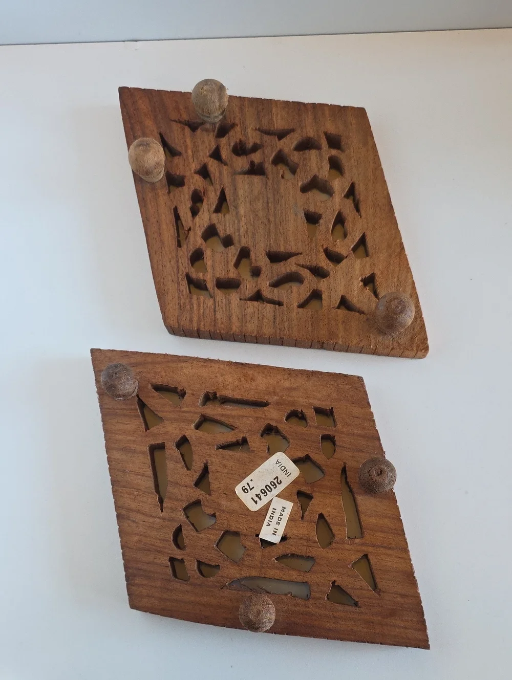 Vintage 1970's Hand Carved Wood Trivet with Tab Feet India -Set Of 2